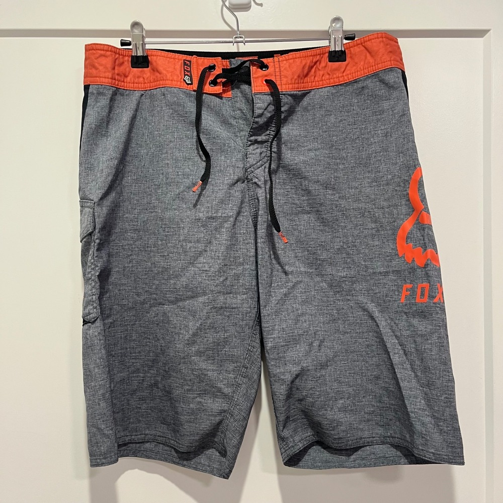 Fox Racing 360 Board‎ Shorts Mens 30 Grey Orange Black Logo Swim Trunks Cargo